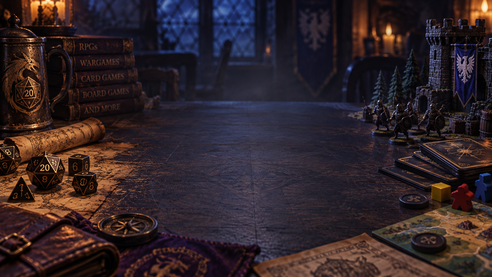 A gaming table surrounded by dice, cards, miniatures, maps, and game books